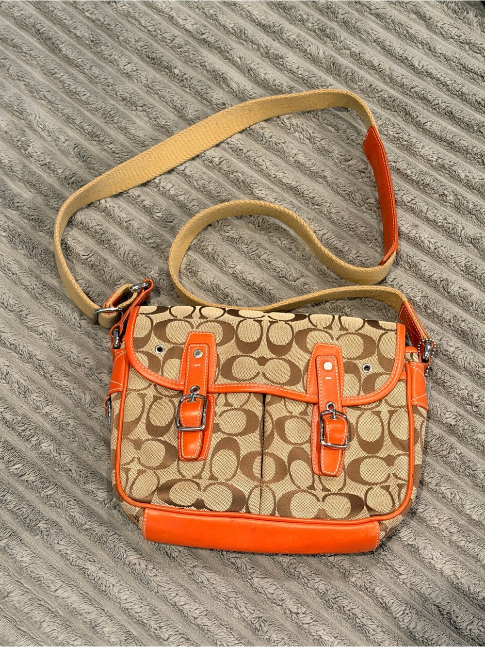 Coach Tan Signature Crossbody with Orange Trim